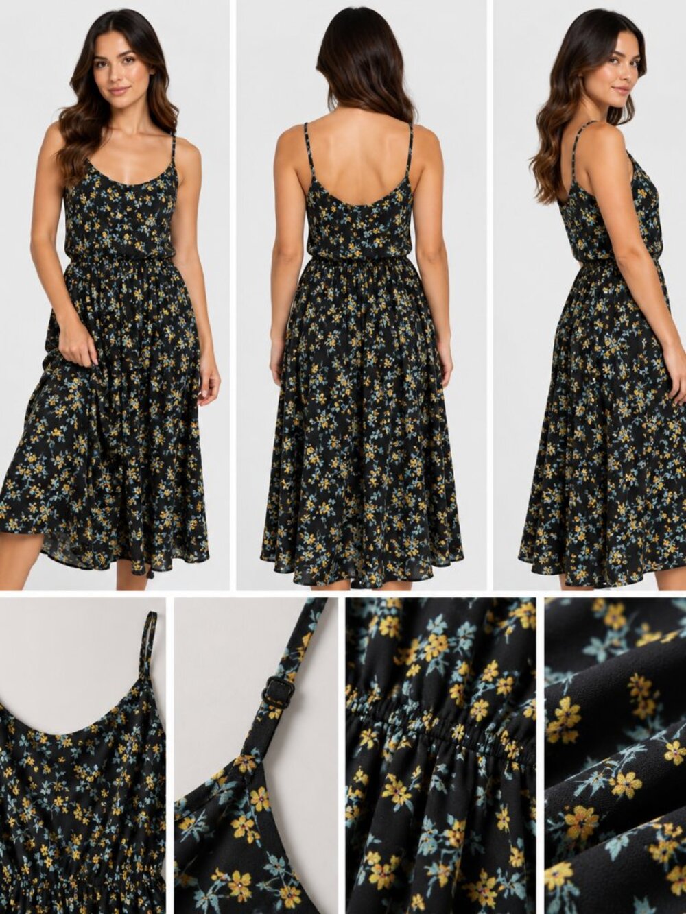 Pinch Black Floral Spaghetti Strap Midi Dress with Yellow & Blue Flowers